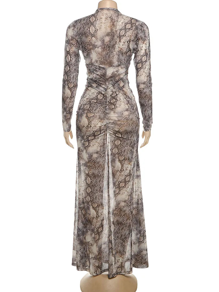 Nibber Coquette Cross Knot Maxi Dress Women See Through Hollow Serpentine Full Sleeve Split Ruched Off Shoulder Midnight Bodycon