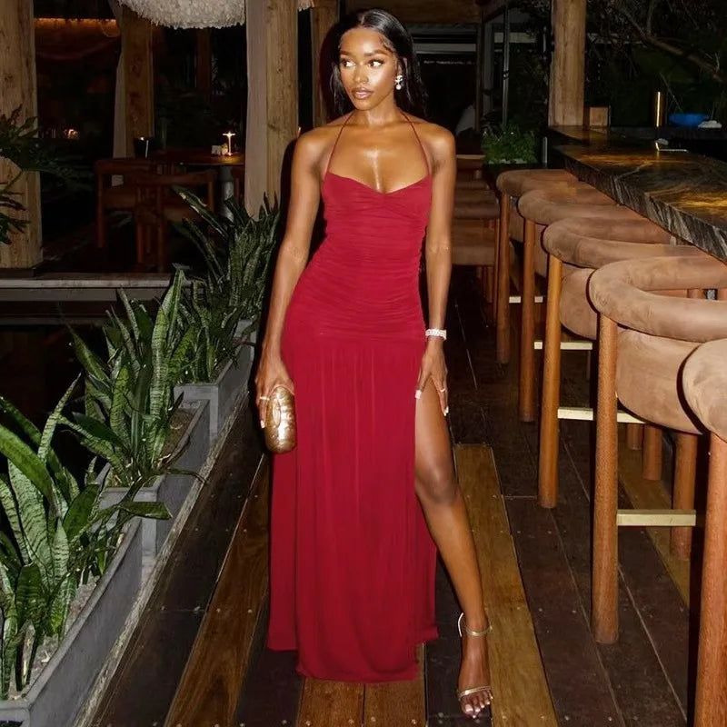 Elegant Solid Spaghetti Strap Maxi Dress For Lady High Split Sleeveless Halter Long Vestido 2025 Summer Party Club Bodycon Gown