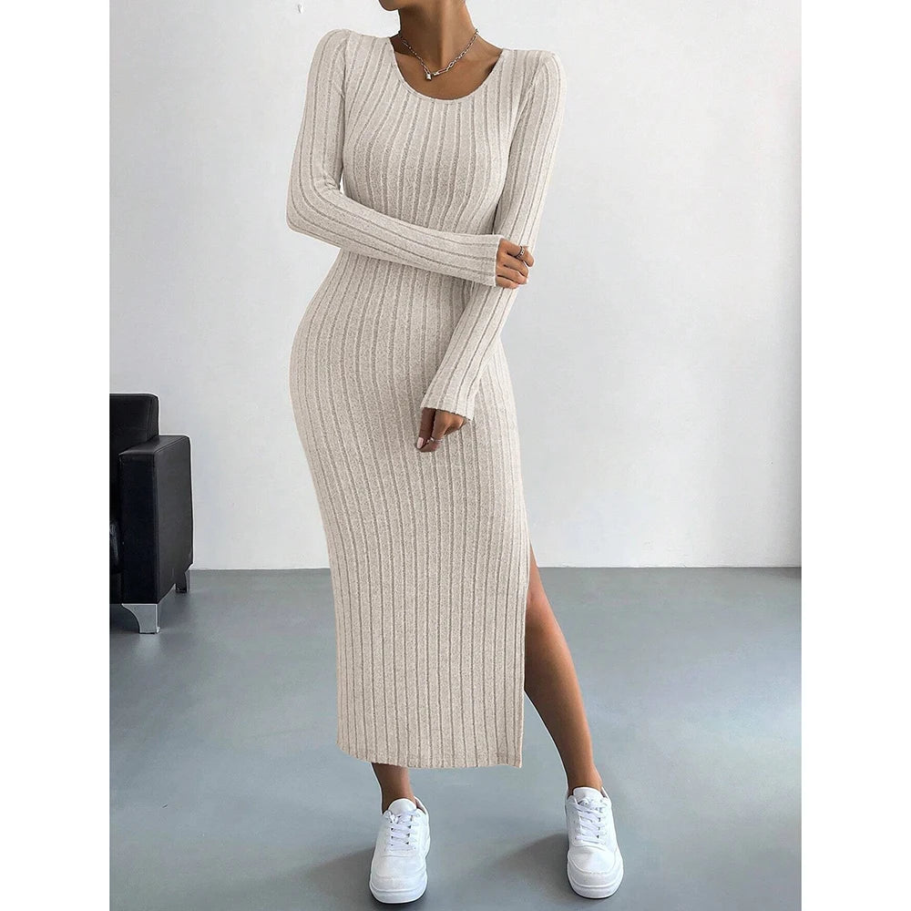 Women's Dresses Autumn French Plain Stripe Split Long Sleeve Scoop Neck Bodycon Full Length Maxi Casual Dresses