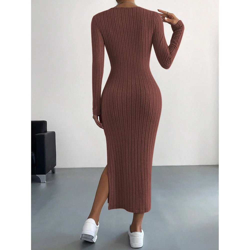 Women's Dresses Autumn French Plain Stripe Split Long Sleeve Scoop Neck Bodycon Full Length Maxi Casual Dresses