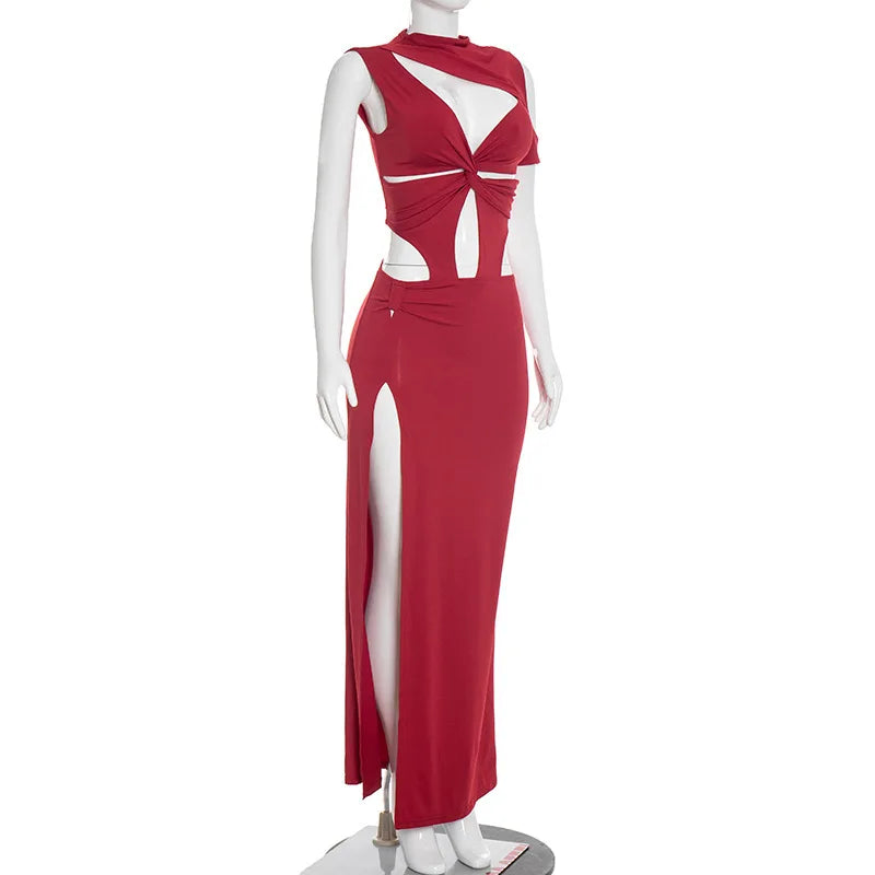 Women Solid Twist Hollow Out Patchwork High Split Bodycon Maxi Dress O Neck Sleeveless Off Shoulder Party Long Robe Evening Gown