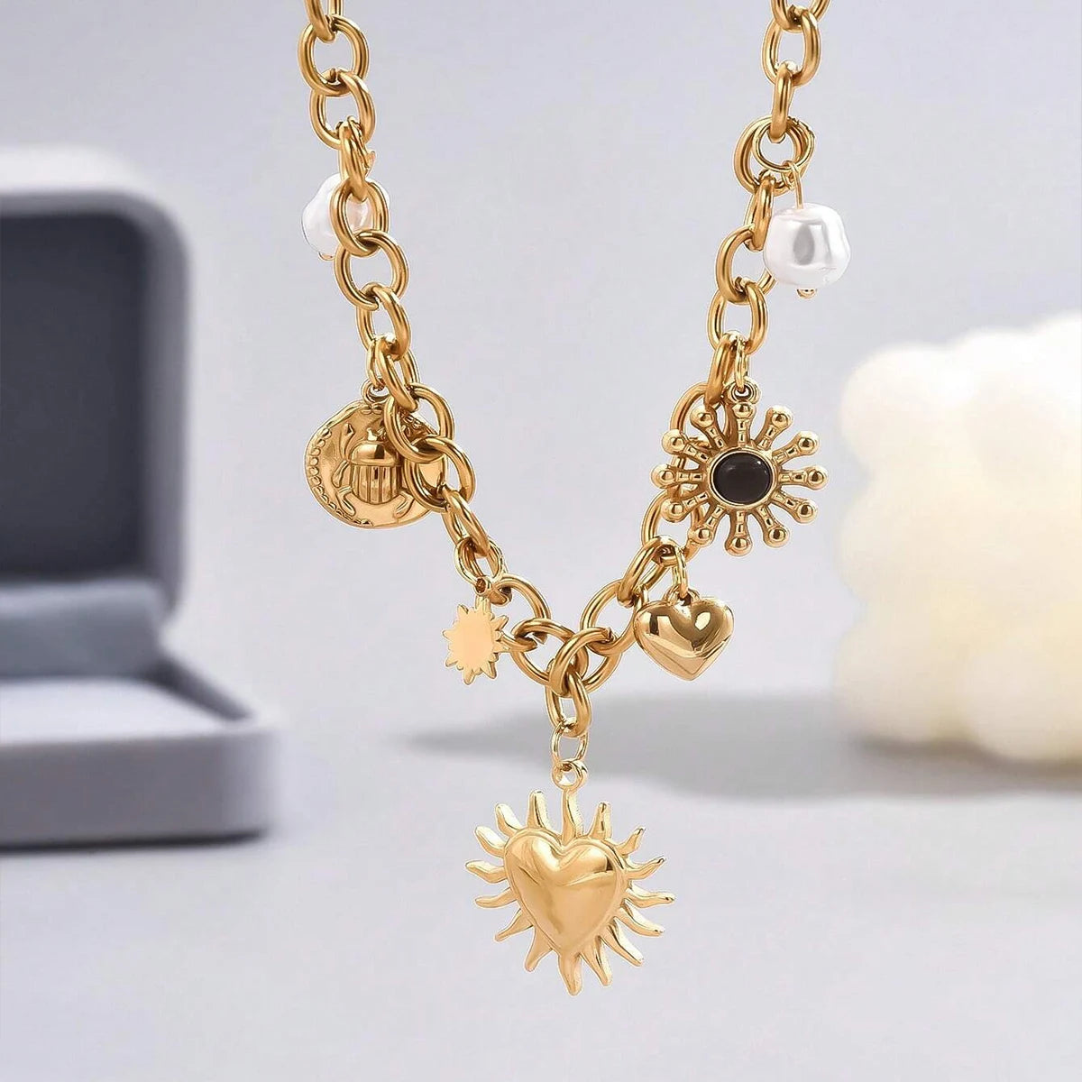 "Glamorous Gold Color Chunky Chain Necklace With Playful Heart Sun Moon Imitation Pearl Charms Women's Garden Parties Jewelry
