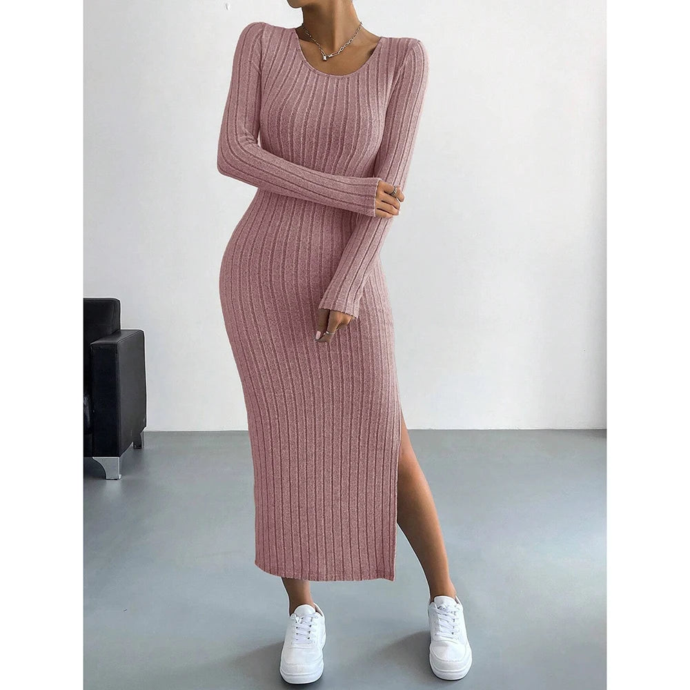 Women's Dresses Autumn French Plain Stripe Split Long Sleeve Scoop Neck Bodycon Full Length Maxi Casual Dresses