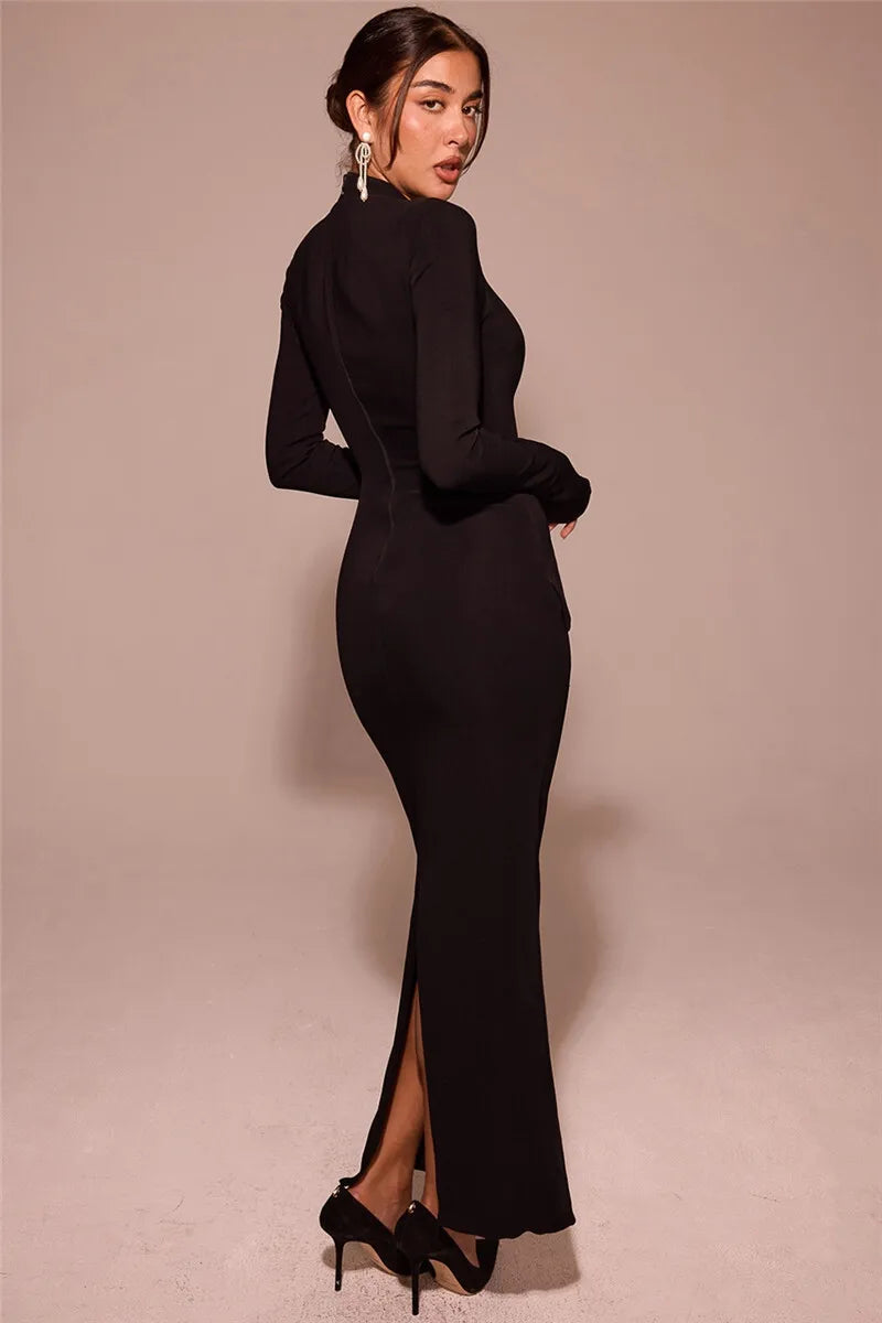 Mozision Black Long Sleeve Sexy Maxi Dress For Women Autumn Winter New O Neck Two Pocket Back Split Bodycon Long Dress Elegant