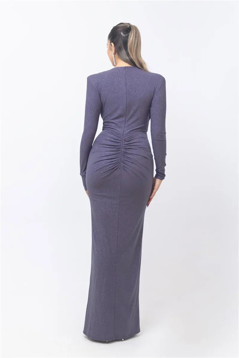 Deep V Neck Sexy Maxi Dress For Women Elegant Sparkle Long Sleeve Ruched Bodycon Split Club Party Sexy Dress