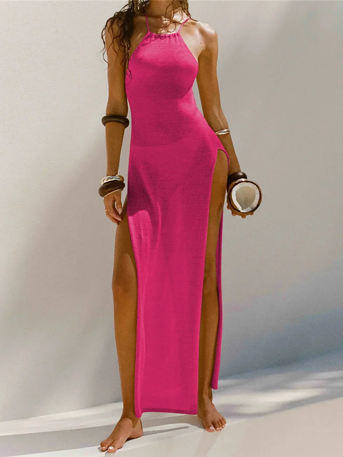 Women Cover Ups Sexy Hollow Out Dresses Spliced Sleeveless Split Maxi Dress Sling Backless Knit Y2k See Through Bodycon