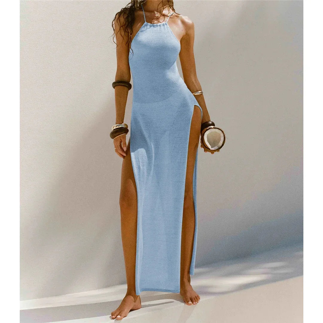 Women Cover Ups Sexy Hollow Out Dresses Spliced Sleeveless Split Maxi Dress Sling Backless Knit Y2k See Through Bodycon
