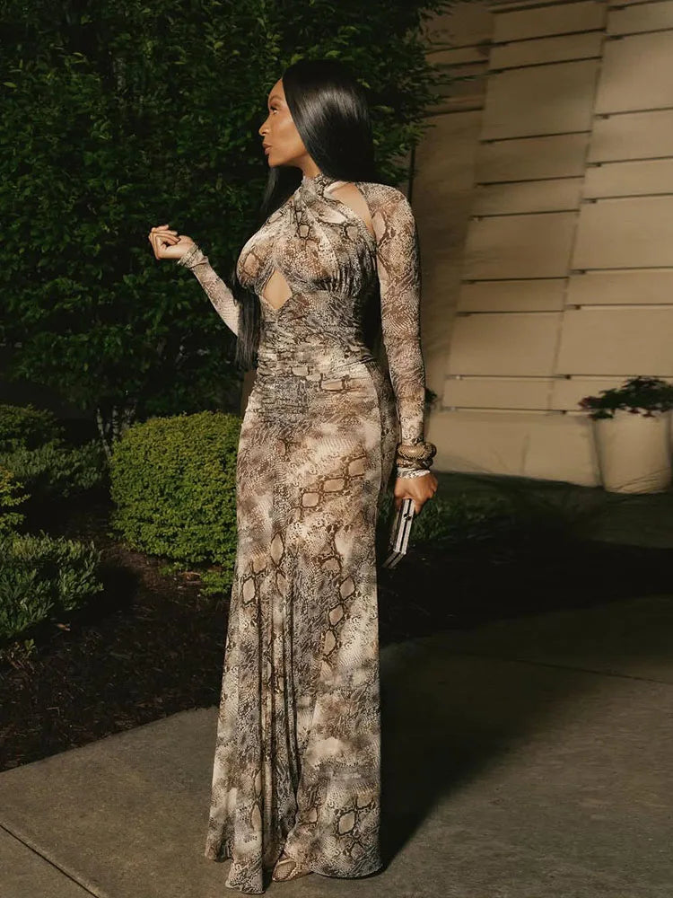 Nibber Coquette Cross Knot Maxi Dress Women See Through Hollow Serpentine Full Sleeve Split Ruched Off Shoulder Midnight Bodycon