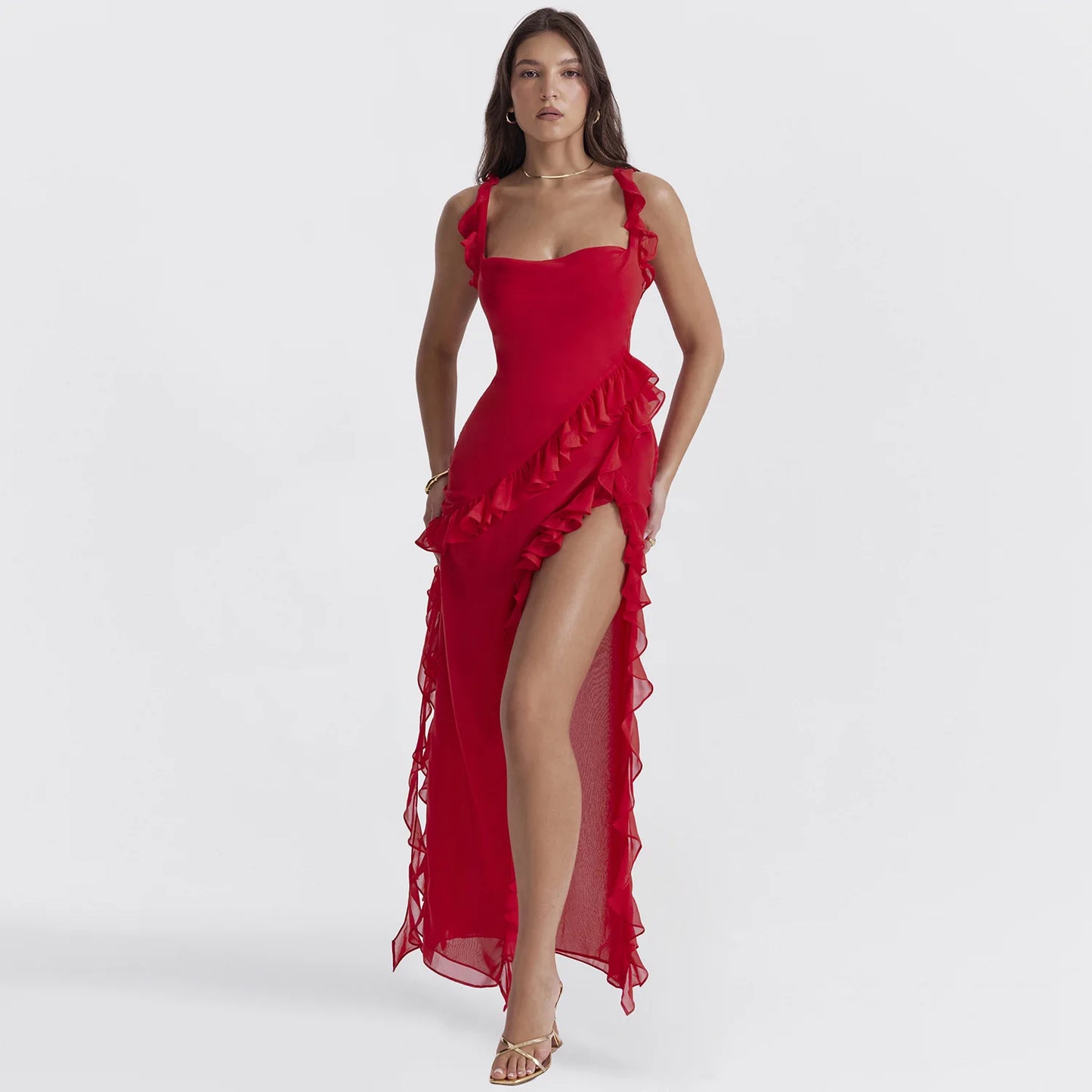 Elegant Ruffle Sleeveless Dress Women's Irregular Tassel 2024 Summer Trend Skinny Split Maxi Bodycon Birthday Party Sexy Dresses