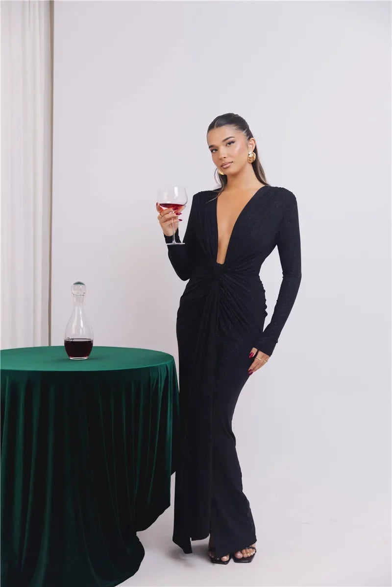 Deep V Neck Sexy Maxi Dress For Women Elegant Sparkle Long Sleeve Ruched Bodycon Split Club Party Sexy Dress