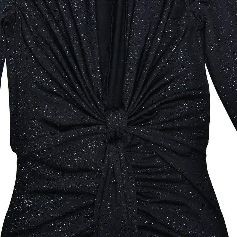 Deep V Neck Sexy Maxi Dress For Women Elegant Sparkle Long Sleeve Ruched Bodycon Split Club Party Sexy Dress
