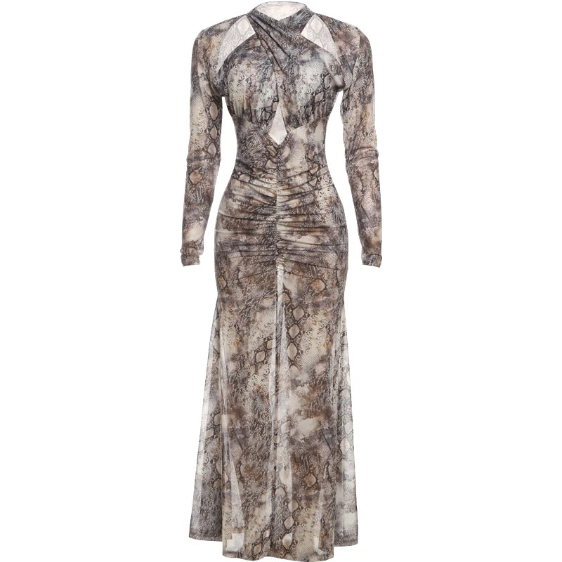 Nibber Coquette Cross Knot Maxi Dress Women See Through Hollow Serpentine Full Sleeve Split Ruched Off Shoulder Midnight Bodycon