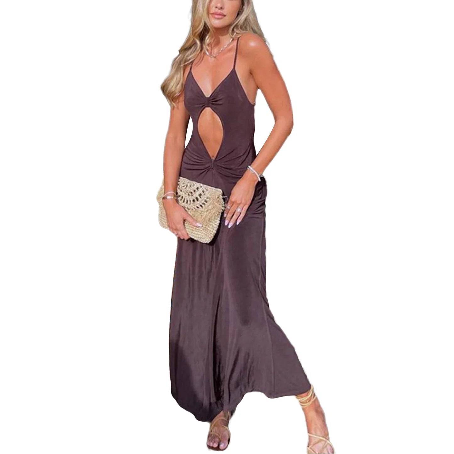 Women Cutout Backless Maxi Dress Sexy Sleeveless Split Cocktail Dresses Bodycon Spaghetti Strap Long Dress Party