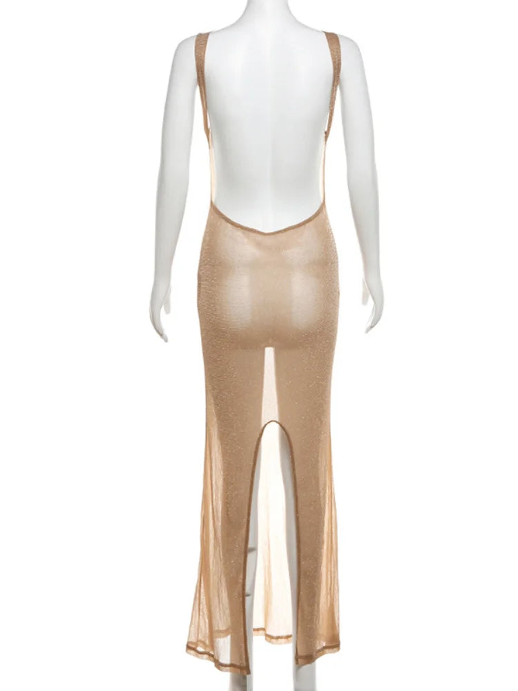 Sexy Deep Open Back Backless Bodycon Hot Gold Color Long Dress Women Side Split Beach Maxi Dress Elegant Club Party Vestidos