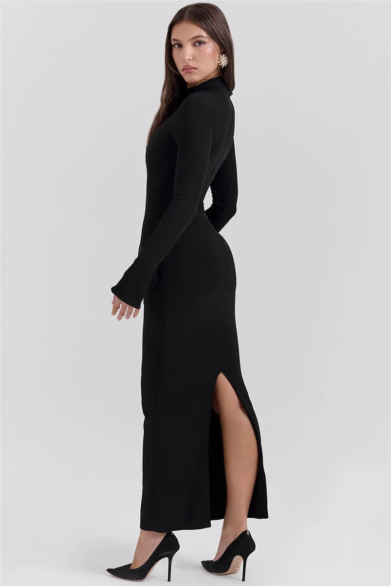 Mozision Black Long Sleeve Sexy Maxi Dress For Women Autumn Winter New O Neck Two Pocket Back Split Bodycon Long Dress Elegant