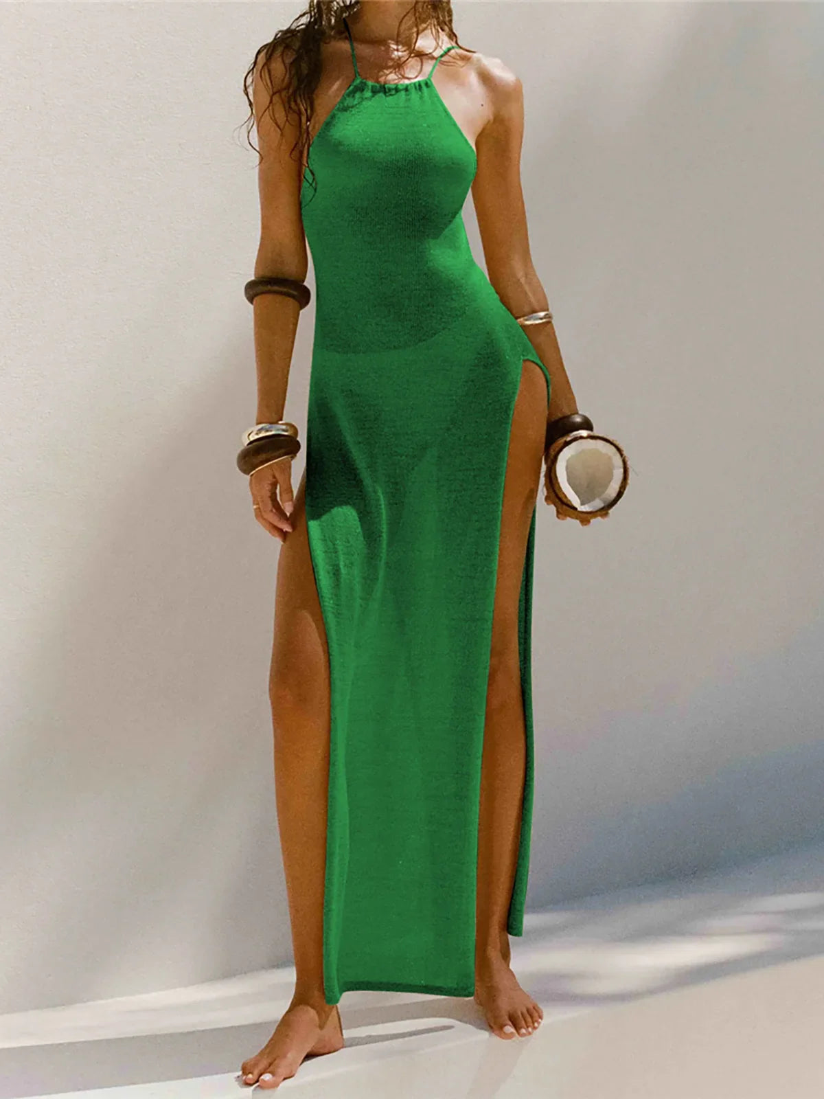 Women Cover Ups Sexy Hollow Out Dresses Spliced Sleeveless Split Maxi Dress Sling Backless Knit Y2k See Through Bodycon