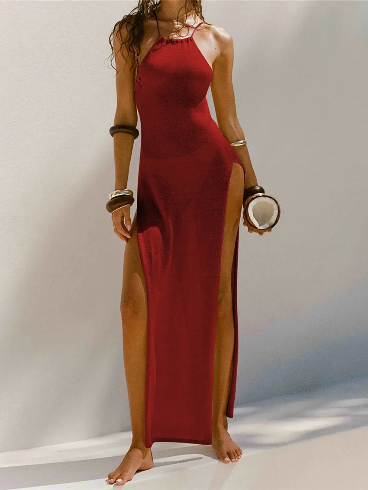 Women Cover Ups Sexy Hollow Out Dresses Spliced Sleeveless Split Maxi Dress Sling Backless Knit Y2k See Through Bodycon