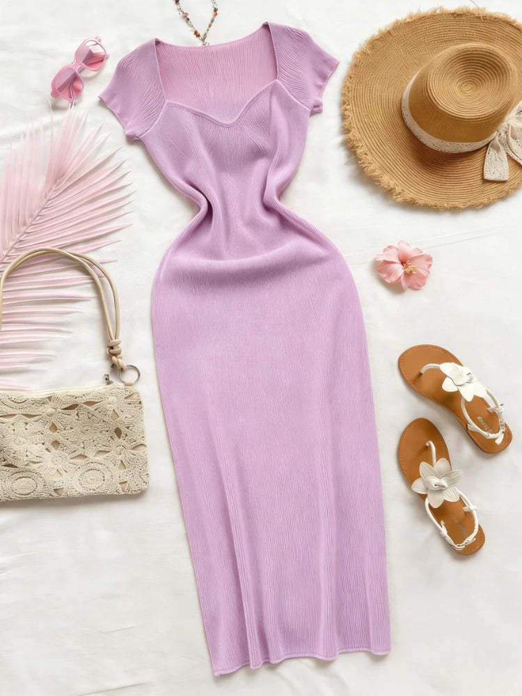 Purple Sexy Summer Knit Maxi Dress Women Short Sleeve  Elastic Bodycon Sundress Female Beach Solid Split Long Dress Outfits