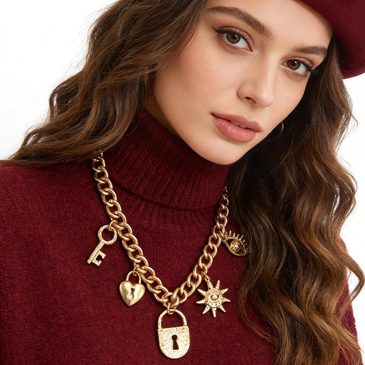 Symbolic Gold Charm Chain Choker (Edgy Whimsical) Statement Jewelry Perfect For Brunch Date Stylish Outfits That Blend Chunky
