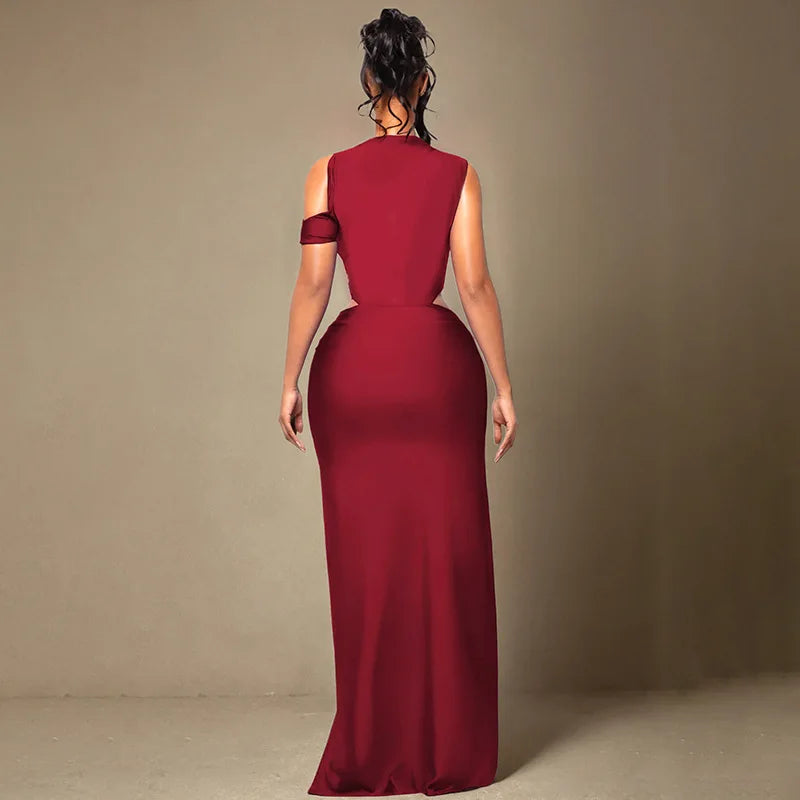 Women Solid Twist Hollow Out Patchwork High Split Bodycon Maxi Dress O Neck Sleeveless Off Shoulder Party Long Robe Evening Gown