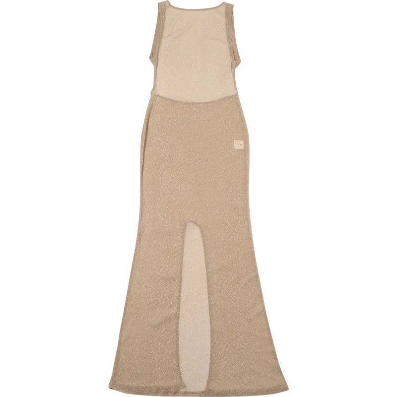 Sexy Deep Open Back Backless Bodycon Hot Gold Color Long Dress Women Side Split Beach Maxi Dress Elegant Club Party Vestidos
