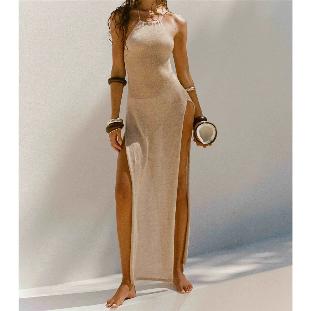 Women Cover Ups Sexy Hollow Out Dresses Spliced Sleeveless Split Maxi Dress Sling Backless Knit Y2k See Through Bodycon