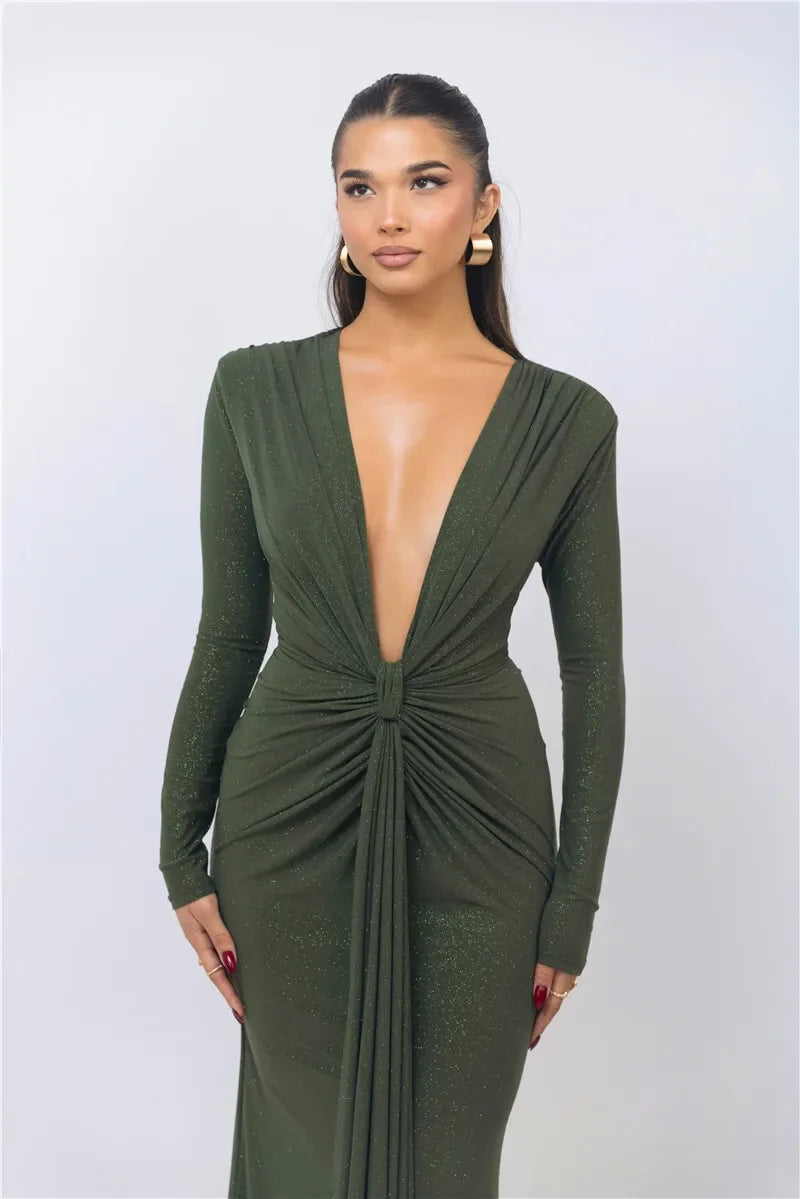 Deep V Neck Sexy Maxi Dress For Women Elegant Sparkle Long Sleeve Ruched Bodycon Split Club Party Sexy Dress