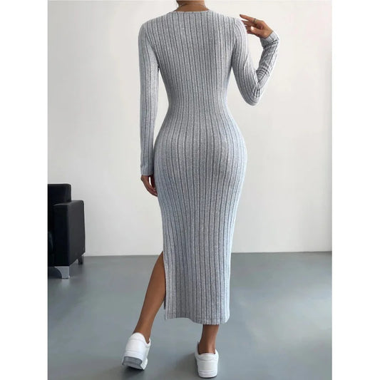 Women's Dresses Autumn French Plain Stripe Split Long Sleeve Scoop Neck Bodycon Full Length Maxi Casual Dresses