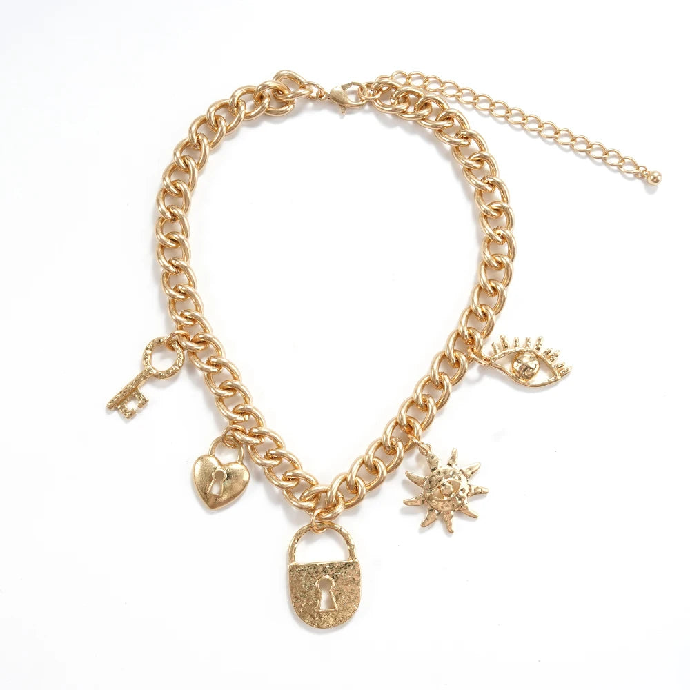 Symbolic Gold Charm Chain Choker (Edgy Whimsical) Statement Jewelry Perfect For Brunch Date Stylish Outfits That Blend Chunky