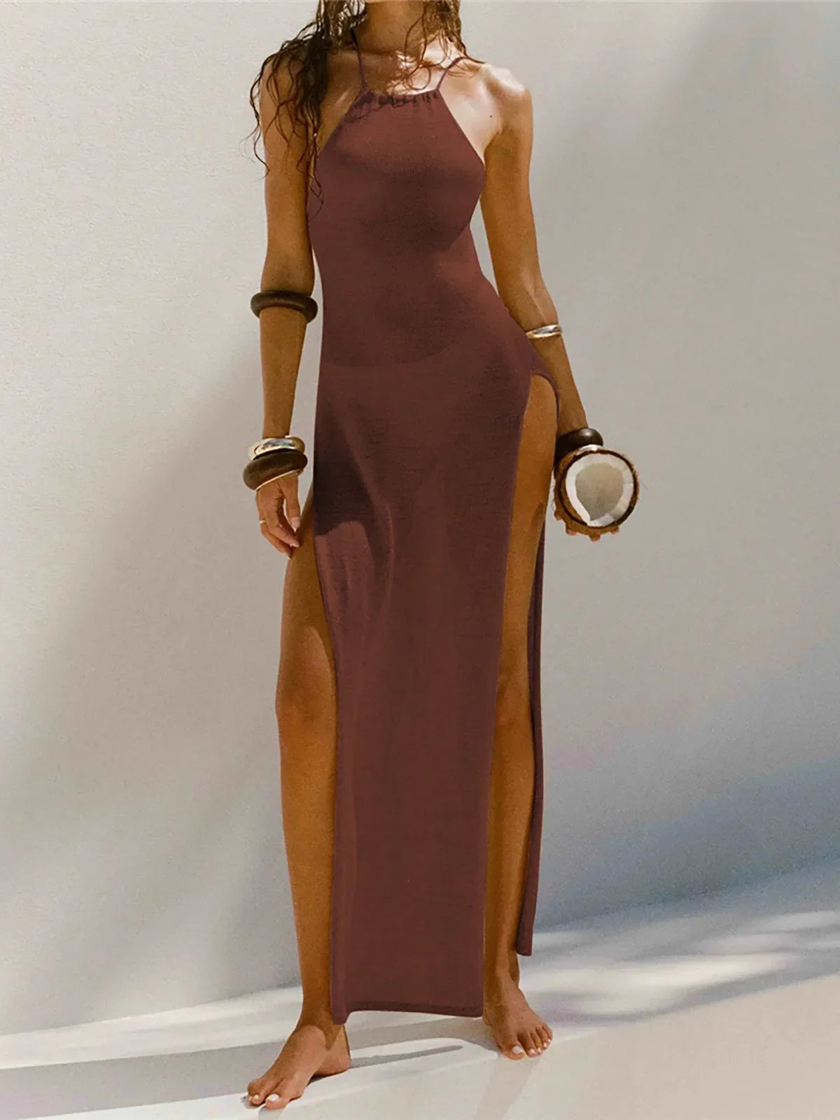Women Cover Ups Sexy Hollow Out Dresses Spliced Sleeveless Split Maxi Dress Sling Backless Knit Y2k See Through Bodycon