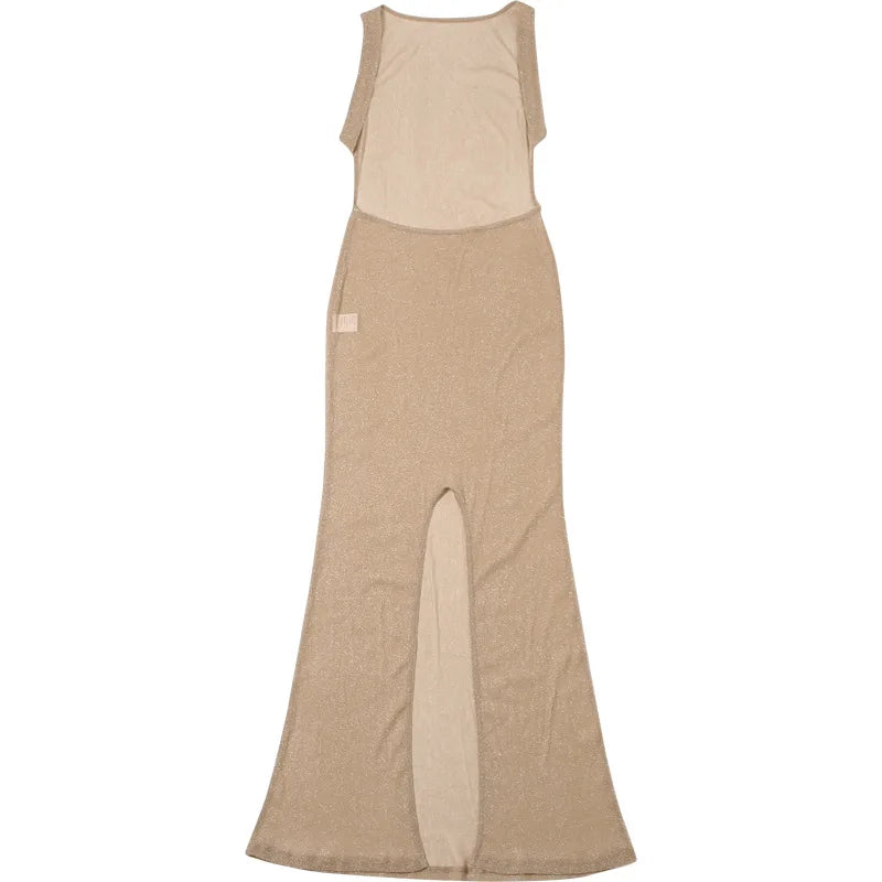 Sexy Deep Open Back Backless Bodycon Hot Gold Color Long Dress Women Side Split Beach Maxi Dress Elegant Club Party Vestidos