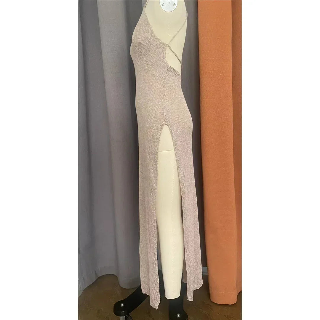 Women Cover Ups Sexy Hollow Out Dresses Spliced Sleeveless Split Maxi Dress Sling Backless Knit Y2k See Through Bodycon