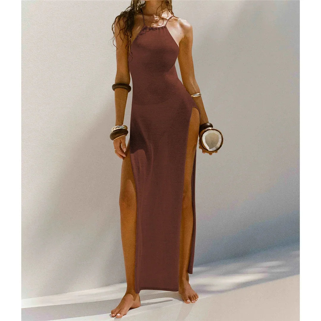 Women Cover Ups Sexy Hollow Out Dresses Spliced Sleeveless Split Maxi Dress Sling Backless Knit Y2k See Through Bodycon