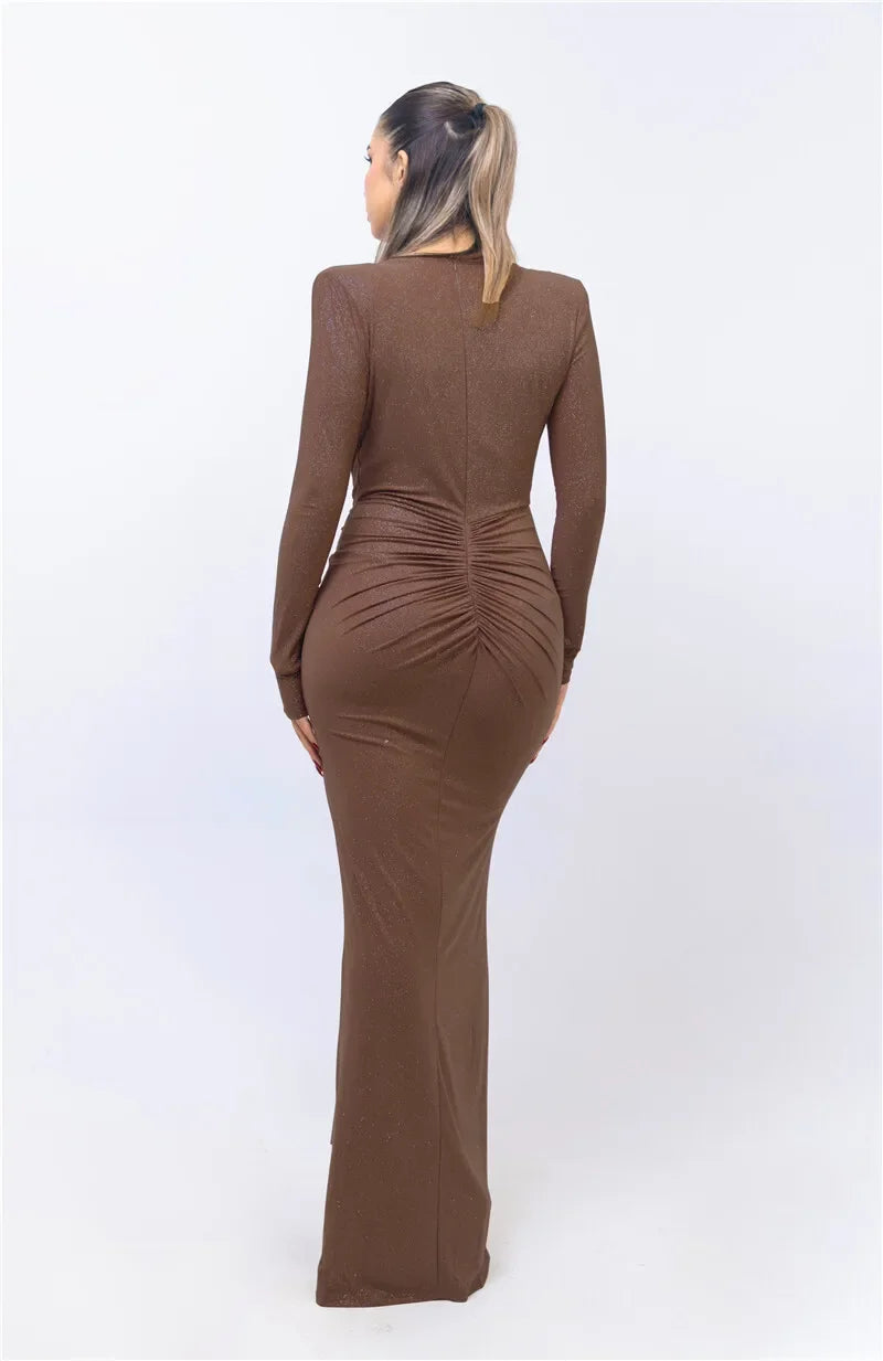 Deep V Neck Sexy Maxi Dress For Women Elegant Sparkle Long Sleeve Ruched Bodycon Split Club Party Sexy Dress
