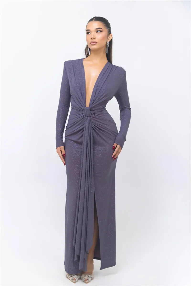 Deep V Neck Sexy Maxi Dress For Women Elegant Sparkle Long Sleeve Ruched Bodycon Split Club Party Sexy Dress