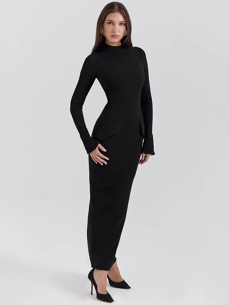 Mozision Black Long Sleeve Sexy Maxi Dress For Women Autumn Winter New O Neck Two Pocket Back Split Bodycon Long Dress Elegant
