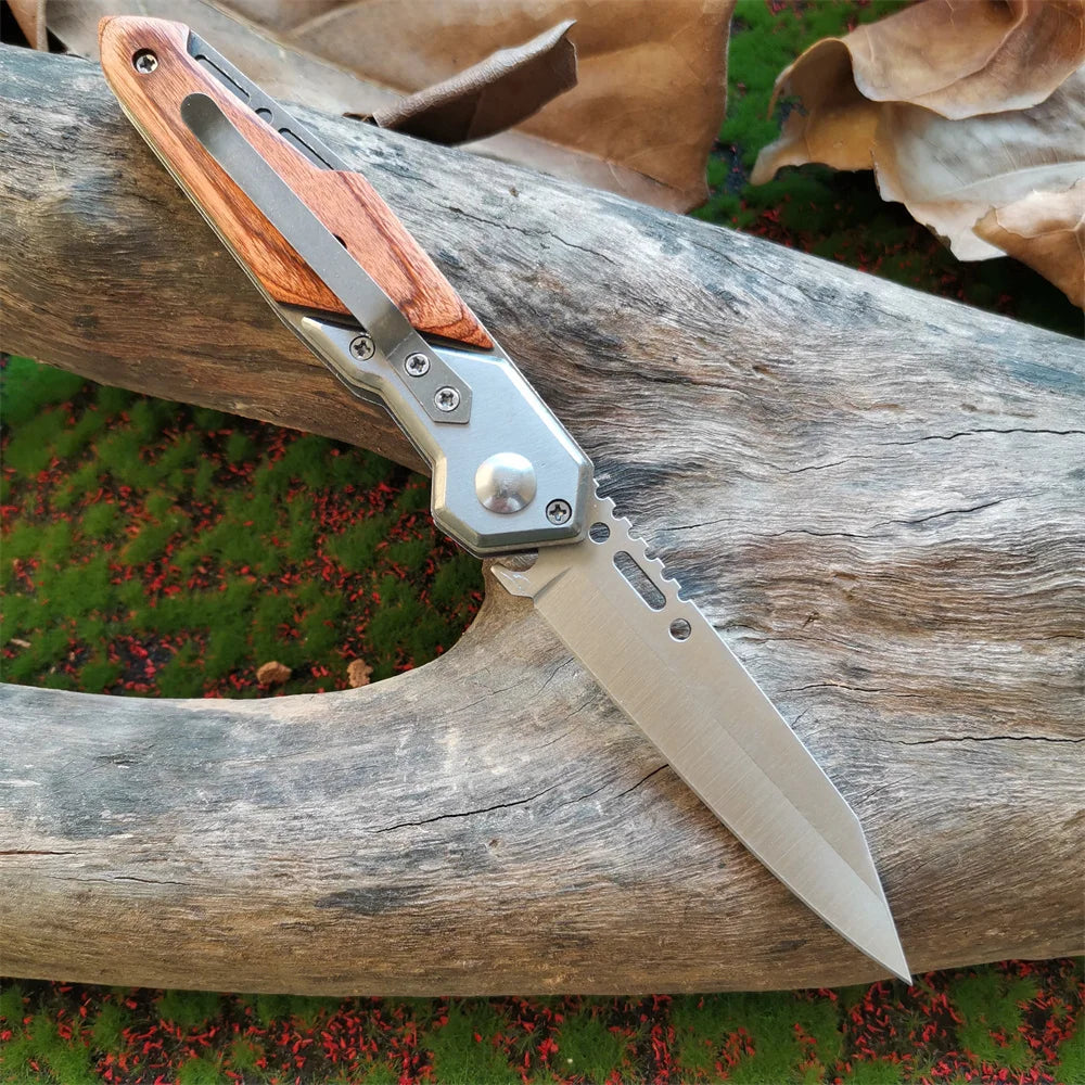 Anti-slip Wooden Handle Folding Knife for Tactical Outdoor Survival and Multi-functional Cutting Tasks