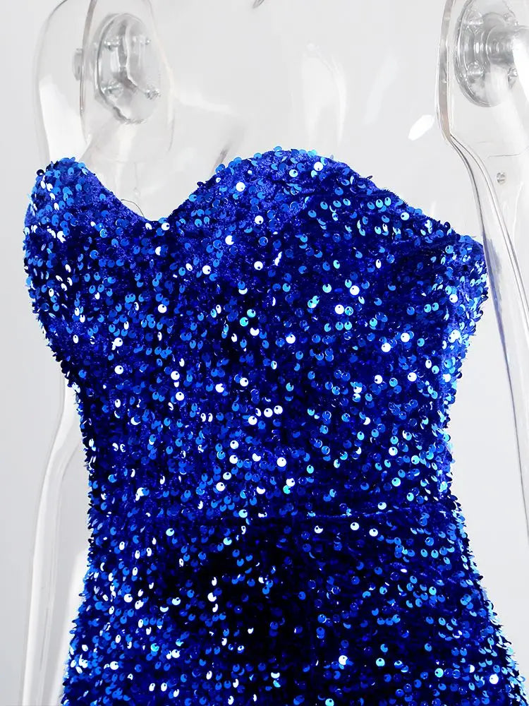 Sexy Split Sleeveless Stretch Sparkle Sequin Floor Length Party Dress Strapless Padded Bodycon Mermaid Maxi Dress Black