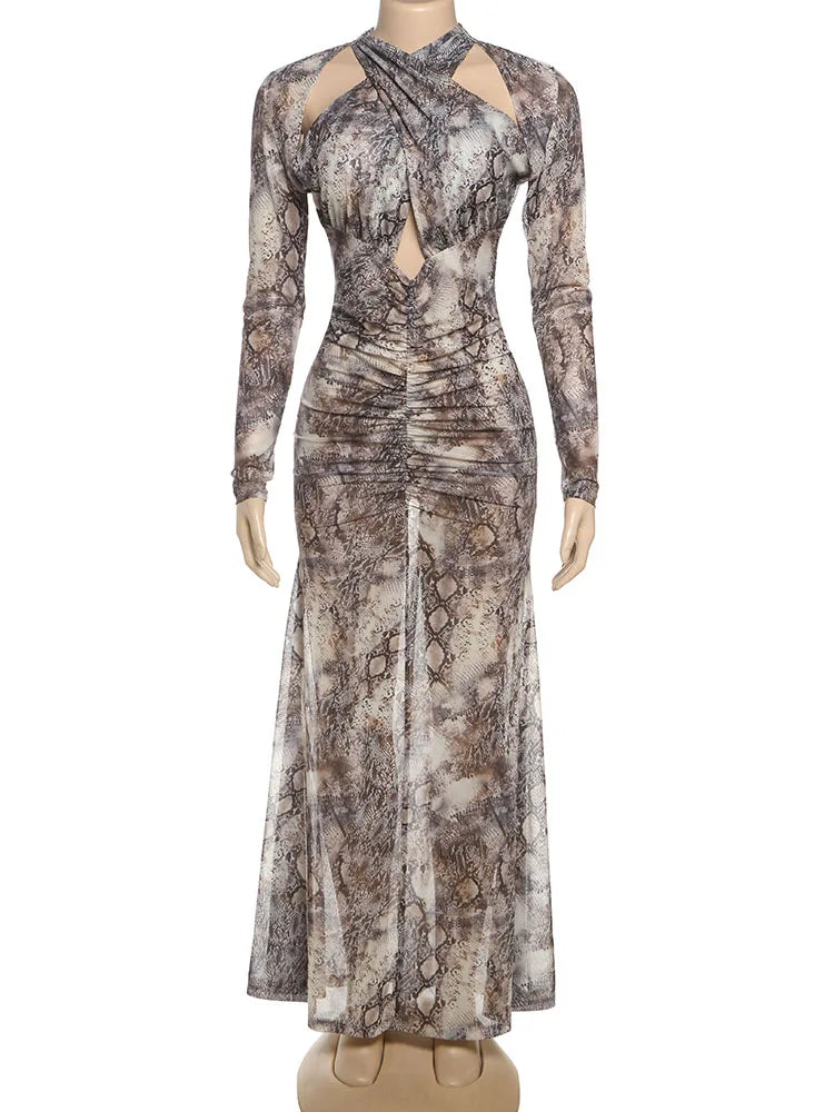 Nibber Coquette Cross Knot Maxi Dress Women See Through Hollow Serpentine Full Sleeve Split Ruched Off Shoulder Midnight Bodycon