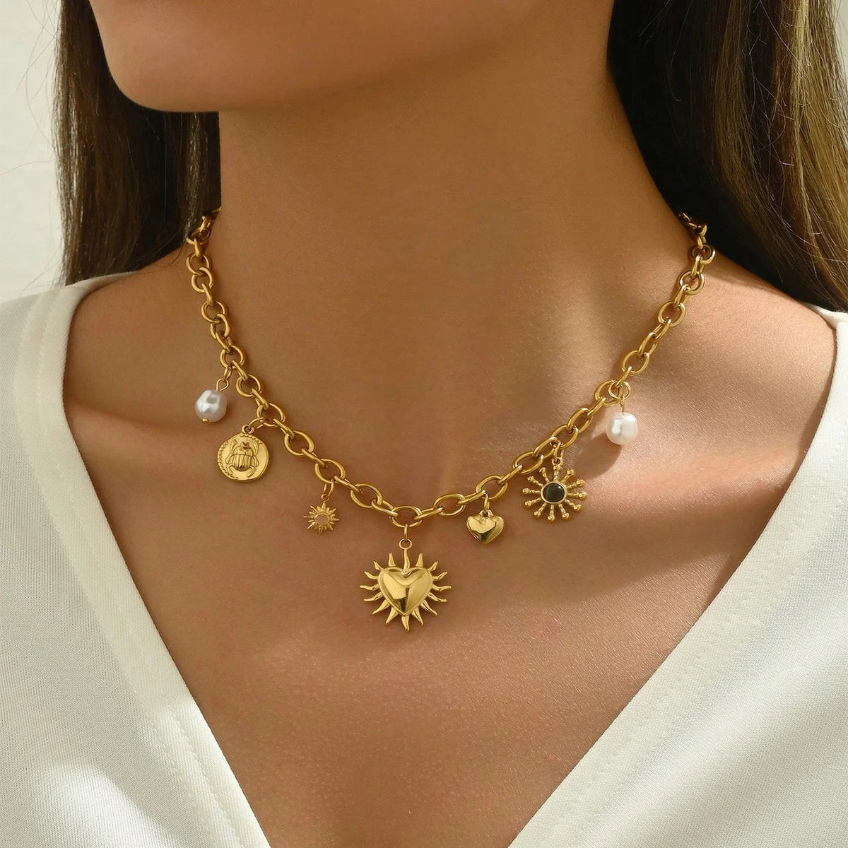 "Glamorous Gold Color Chunky Chain Necklace With Playful Heart Sun Moon Imitation Pearl Charms Women's Garden Parties Jewelry