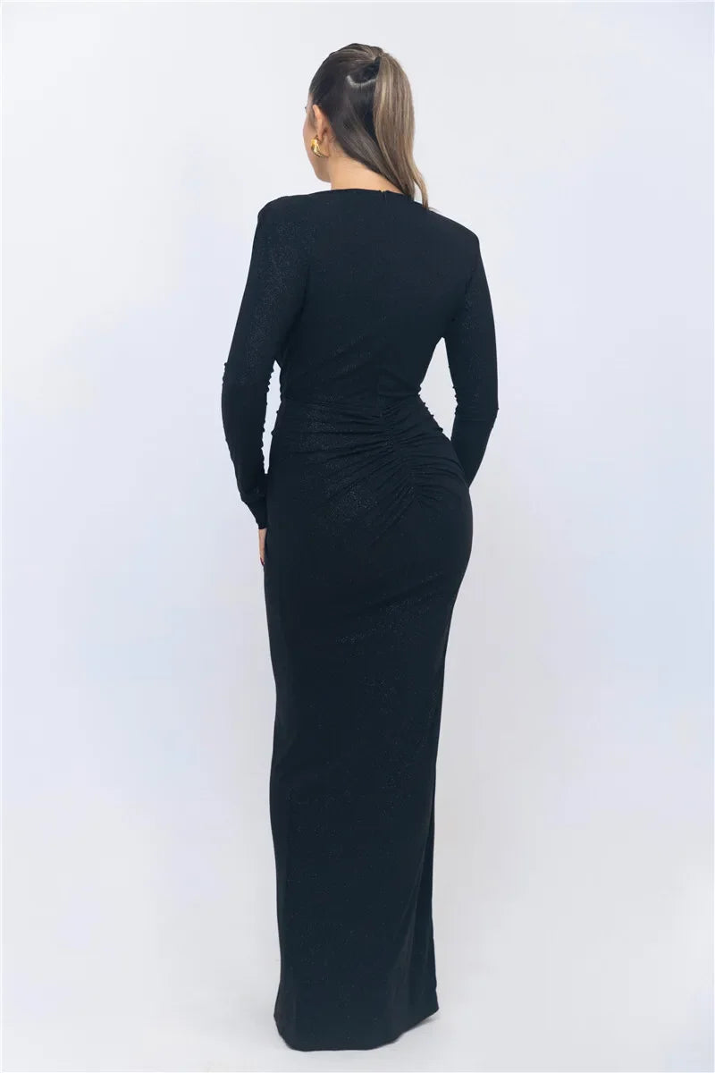 Deep V Neck Sexy Maxi Dress For Women Elegant Sparkle Long Sleeve Ruched Bodycon Split Club Party Sexy Dress