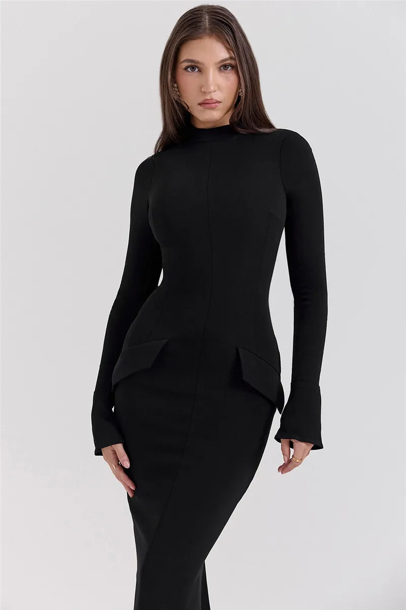 Mozision Black Long Sleeve Sexy Maxi Dress For Women Autumn Winter New O Neck Two Pocket Back Split Bodycon Long Dress Elegant