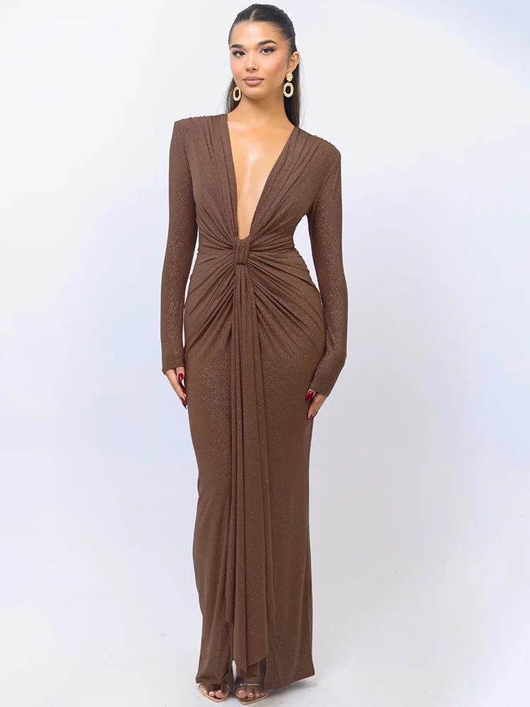 Deep V Neck Sexy Maxi Dress For Women Elegant Sparkle Long Sleeve Ruched Bodycon Split Club Party Sexy Dress