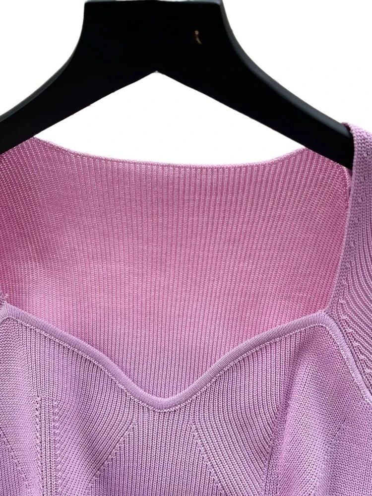 Purple Sexy Summer Knit Maxi Dress Women Short Sleeve  Elastic Bodycon Sundress Female Beach Solid Split Long Dress Outfits