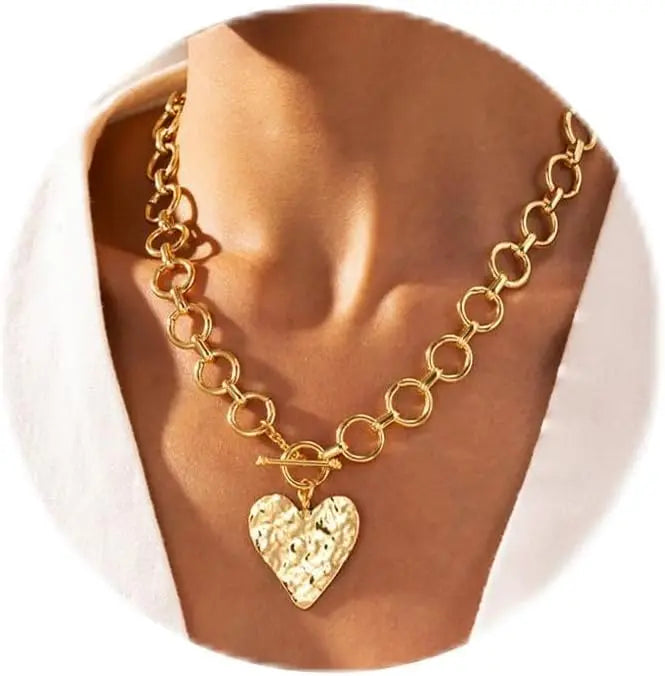 Chunky Heart Necklace for Women Gold Plated Chunky Heart Pendant Bold Chain Necklace with Toggle Clasp Statement Jewelry