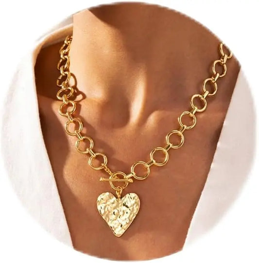 Chunky Heart Necklace for Women Gold Plated Chunky Heart Pendant Bold Chain Necklace with Toggle Clasp Statement Jewelry