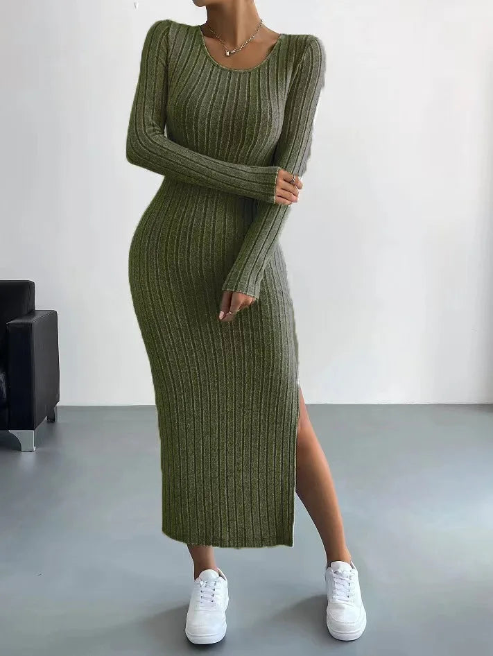 Women's Dresses Autumn French Plain Stripe Split Long Sleeve Scoop Neck Bodycon Full Length Maxi Casual Dresses