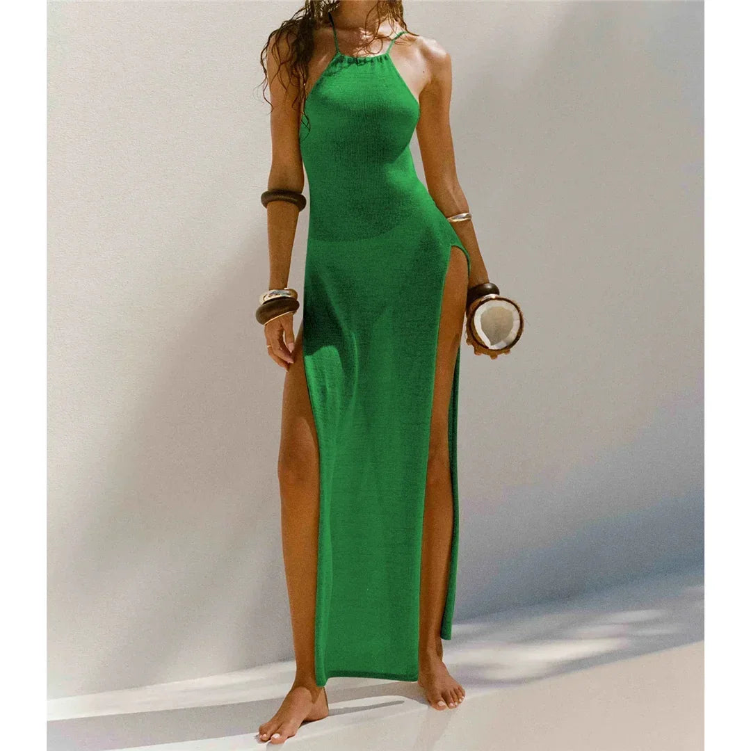 Women Cover Ups Sexy Hollow Out Dresses Spliced Sleeveless Split Maxi Dress Sling Backless Knit Y2k See Through Bodycon