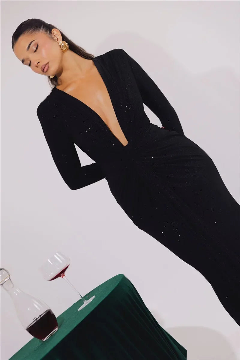 Deep V Neck Sexy Maxi Dress For Women Elegant Sparkle Long Sleeve Ruched Bodycon Split Club Party Sexy Dress