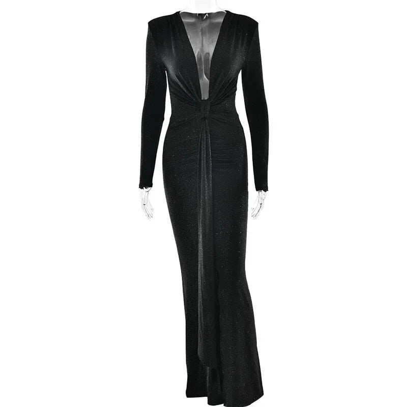 Deep V Neck Sexy Maxi Dress For Women Elegant Sparkle Long Sleeve Ruched Bodycon Split Club Party Sexy Dress